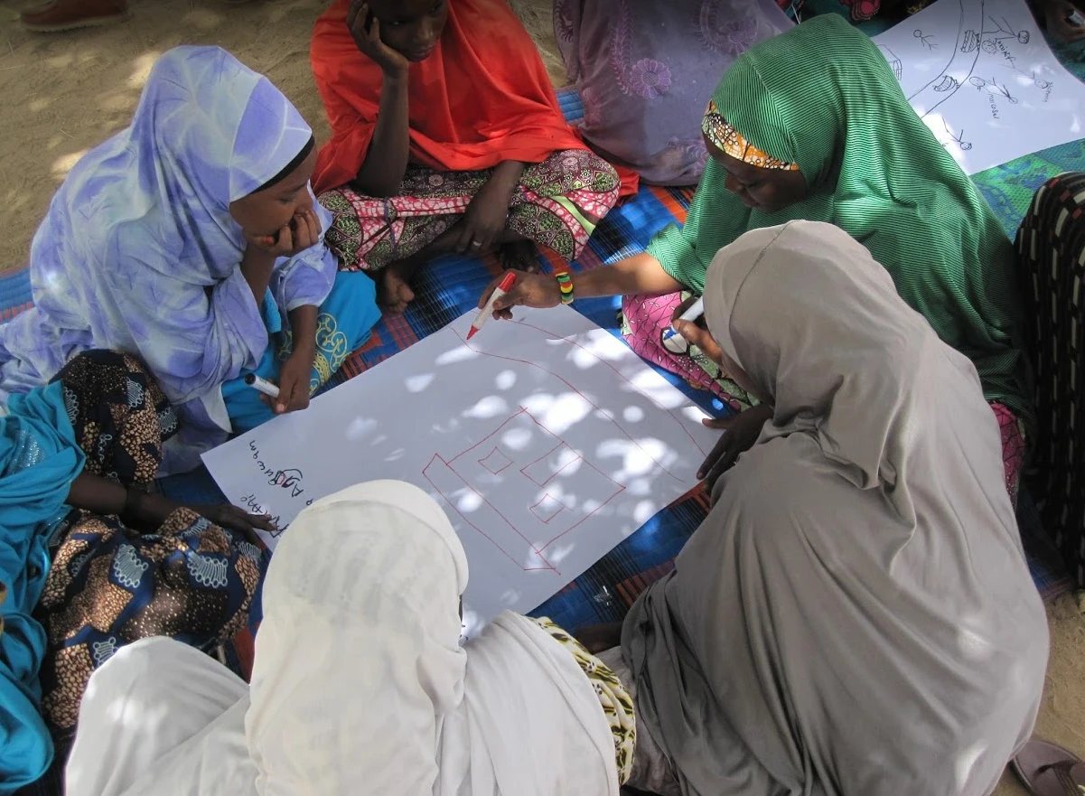 Young women drawing a map of their community during a participatory mapping session